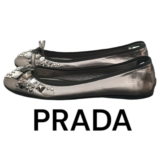 Authentic Prada luxury designer metallic embellished soft leather flats sz 10 - Picture 1 of 13